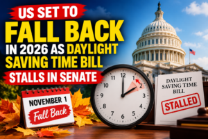 US set to fall back in 2026 as Daylight Saving Time bill stalls in the Senate, featuring a clock, US Capitol, autumn leaves, and a fall-back reminder.