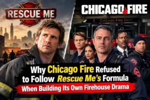 Chicago Fire firefighters standing together at Firehouse 51, highlighting the drama’s distinct approach compared with Rescue Me.